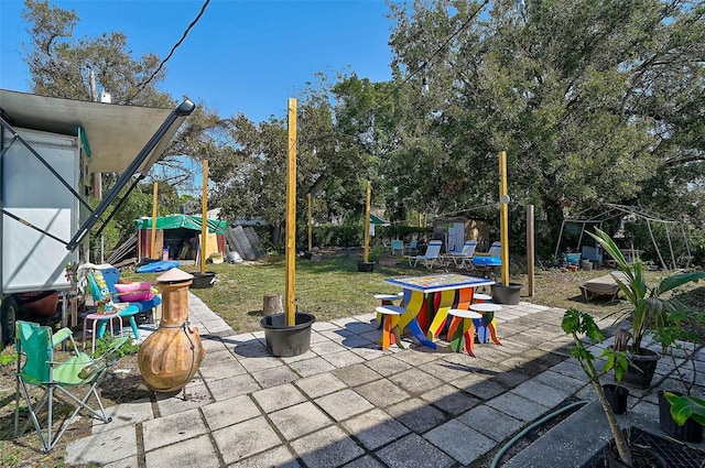 view of patio / terrace featuring a playground and a fenced backyard