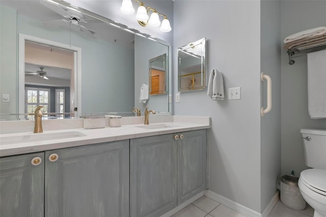 bathroom with ceiling fan, tile patterned floors, vanity, and toilet