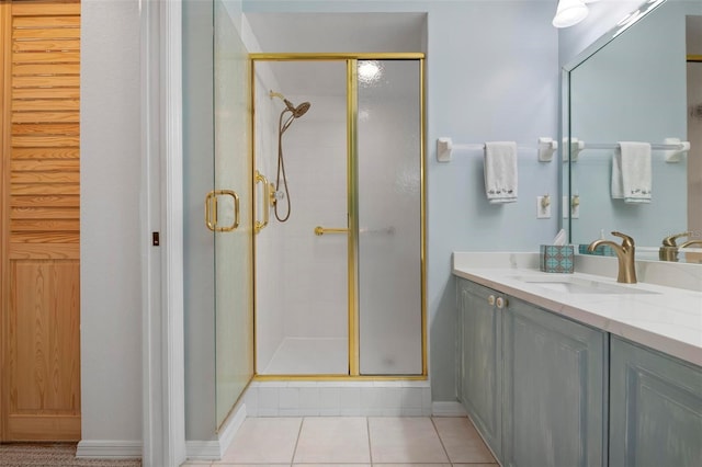 bathroom with tile patterned flooring, vanity, and a shower with shower door