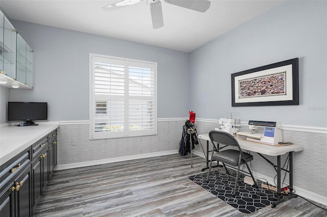 office area with hardwood / wood-style flooring and ceiling fan