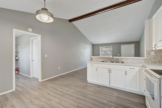 kitchen with white cabinetry, sink, backsplash, light wood-type flooring, and electric stove