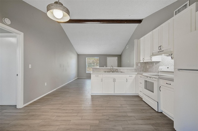 kitchen featuring lofted ceiling with beams, sink, white cabinets, kitchen peninsula, and white appliances