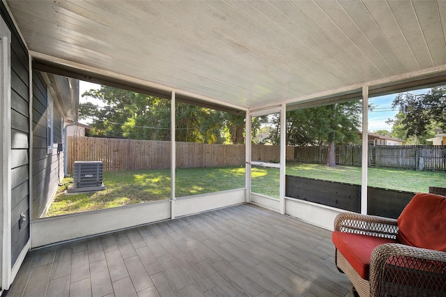 unfurnished sunroom featuring wooden ceiling