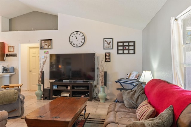 tiled living room featuring lofted ceiling