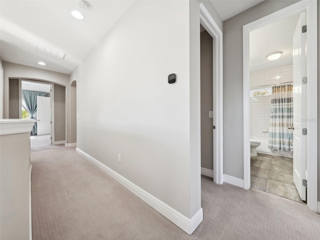 hallway with plenty of natural light and light carpet