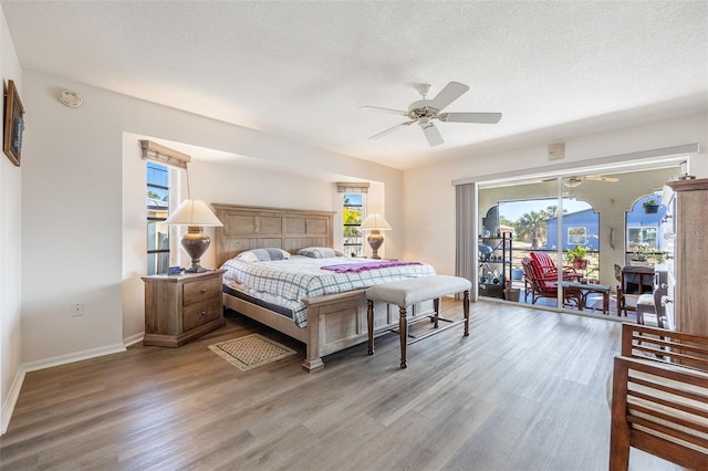 bedroom with multiple windows, access to exterior, wood-type flooring, and a textured ceiling