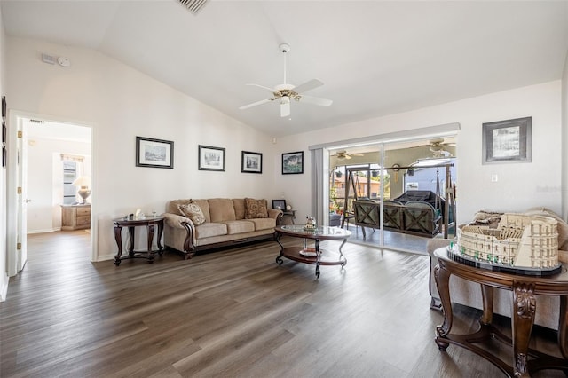 living room featuring ceiling fan, dark hardwood / wood-style floors, and high vaulted ceiling