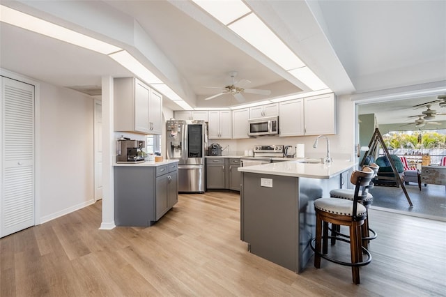 kitchen featuring sink, gray cabinets, stainless steel appliances, a kitchen bar, and kitchen peninsula