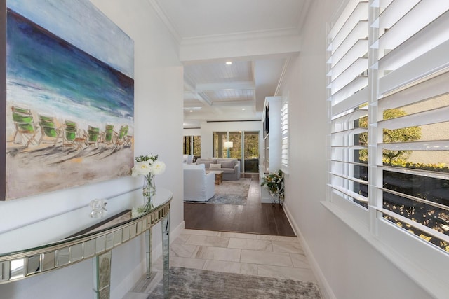 hall featuring crown molding, coffered ceiling, and beamed ceiling