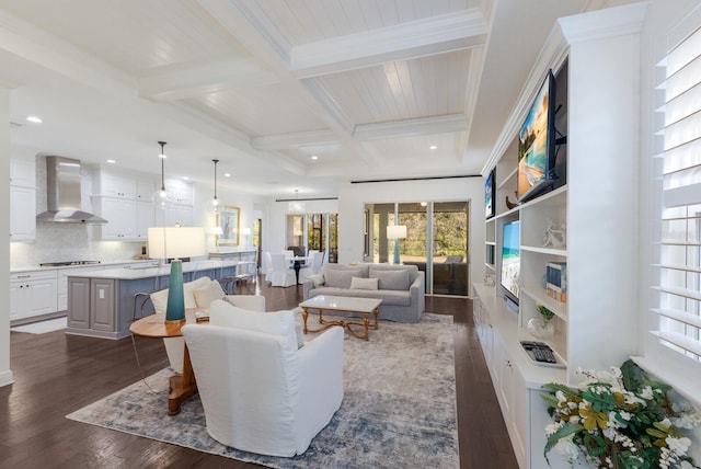 living room with coffered ceiling, ornamental molding, dark hardwood / wood-style floors, and beam ceiling