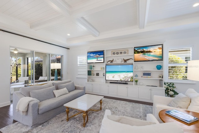 living room featuring beam ceiling, crown molding, wood-type flooring, and coffered ceiling