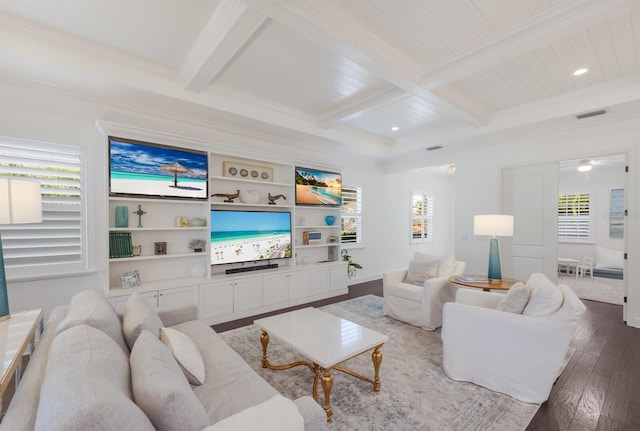 living room with beamed ceiling, wood-type flooring, crown molding, and coffered ceiling