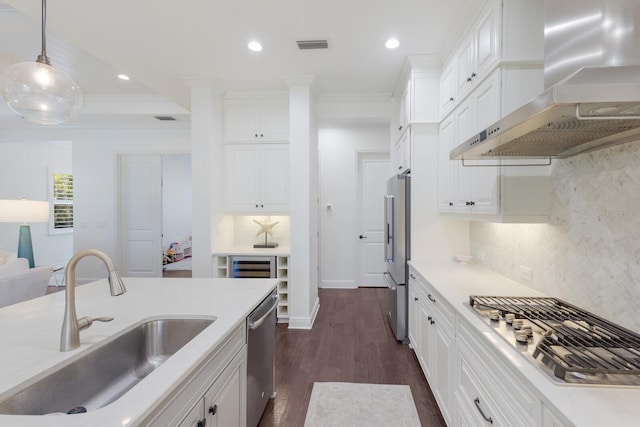 kitchen featuring sink, appliances with stainless steel finishes, hanging light fixtures, ventilation hood, and white cabinets