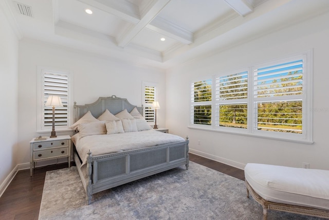 bedroom with crown molding, coffered ceiling, dark hardwood / wood-style flooring, and beam ceiling