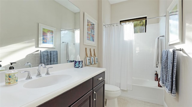 full bathroom featuring vanity, shower / tub combo, tile patterned floors, and toilet