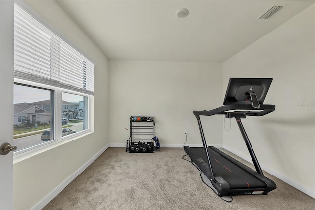 exercise room featuring light colored carpet