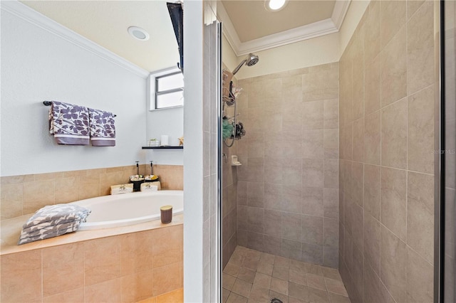 bathroom with ornamental molding and plus walk in shower