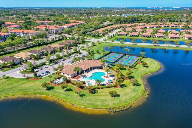 bird's eye view with a water view