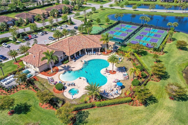 drone / aerial view with a water view