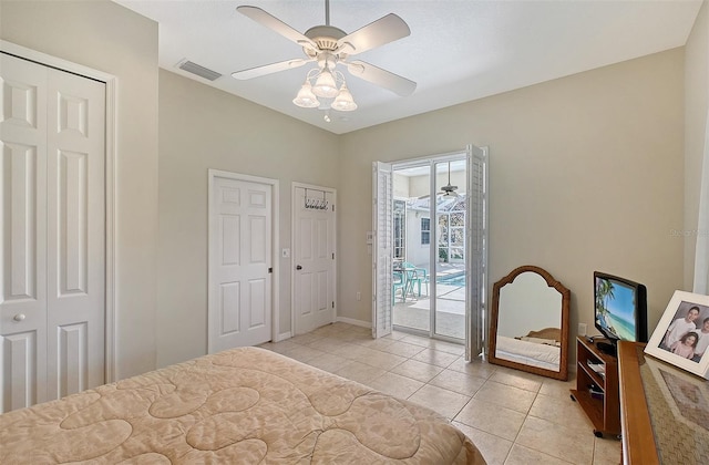 bedroom featuring ceiling fan, access to exterior, and light tile patterned floors