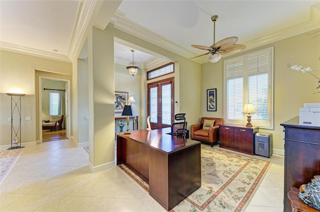 office featuring ornamental molding, plenty of natural light, light tile patterned floors, and french doors