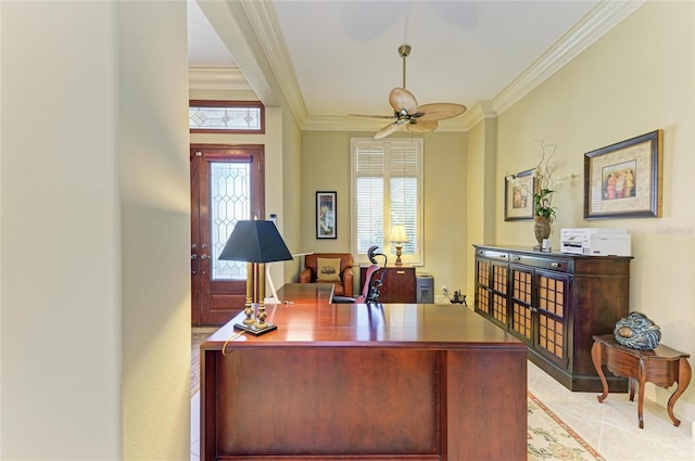 office space with light tile patterned floors, ornamental molding, and ceiling fan