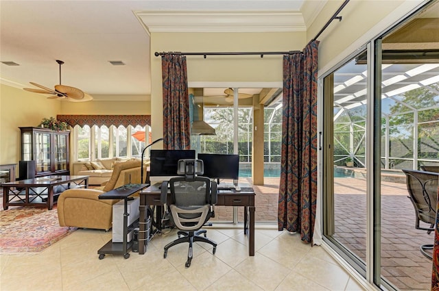 office space with ceiling fan, ornamental molding, and light tile patterned floors