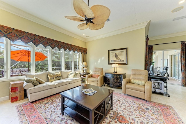 living room featuring light tile patterned floors, crown molding, and ceiling fan