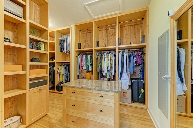 spacious closet with light hardwood / wood-style flooring