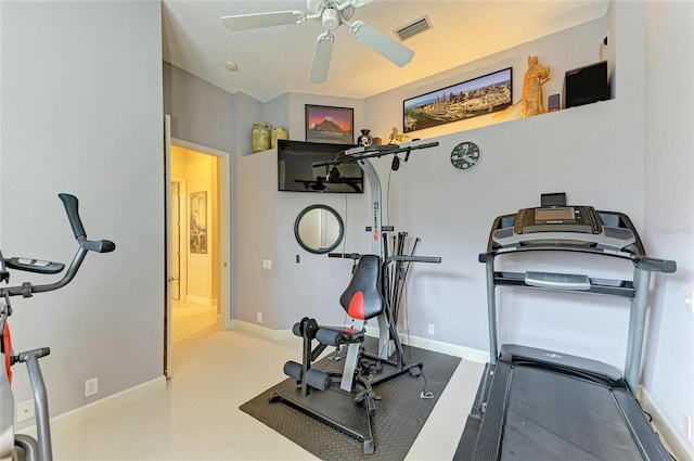 workout area featuring ceiling fan