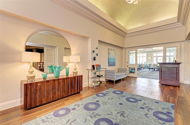 sitting room featuring a raised ceiling, ornamental molding, and hardwood / wood-style floors