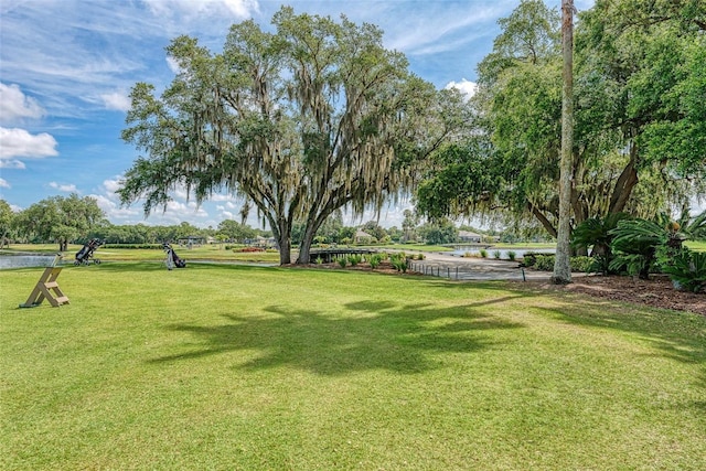 view of community featuring a lawn and a water view