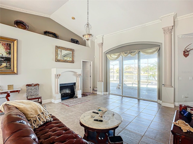 tiled living room featuring high vaulted ceiling