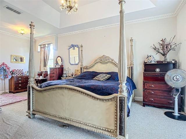 bedroom featuring a tray ceiling, crown molding, a chandelier, and carpet