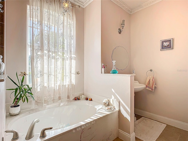 bathroom featuring crown molding and a bathing tub