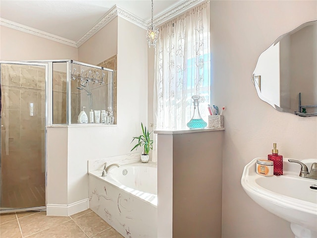 bathroom featuring ornamental molding, tile patterned floors, separate shower and tub, and sink