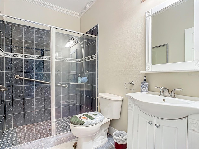 bathroom with walk in shower, toilet, crown molding, vanity, and tile patterned flooring