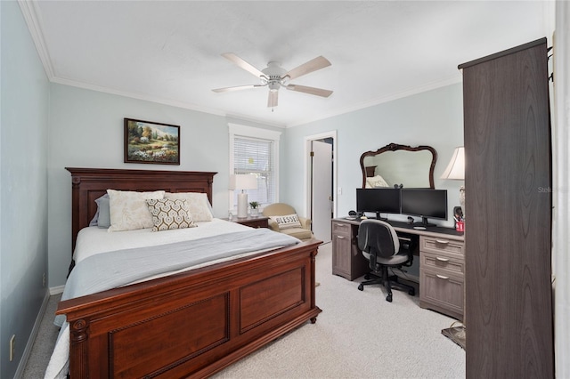 bedroom featuring light carpet, baseboards, ornamental molding, and a ceiling fan