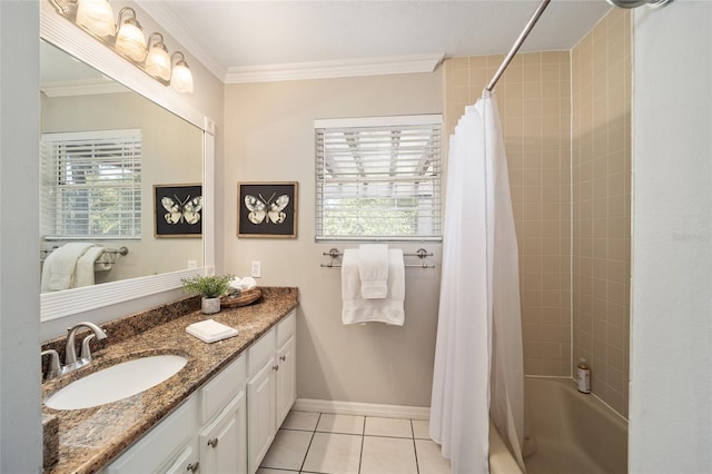 full bath with tile patterned flooring, crown molding, vanity, baseboards, and shower / bathtub combination with curtain