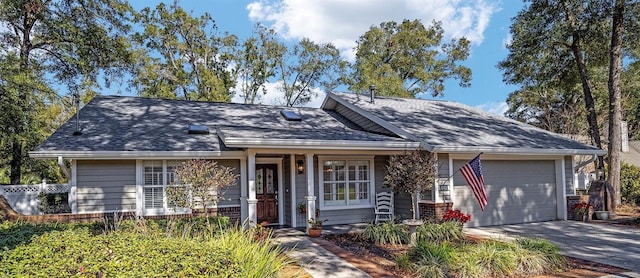 single story home featuring a garage, roof with shingles, driveway, and fence