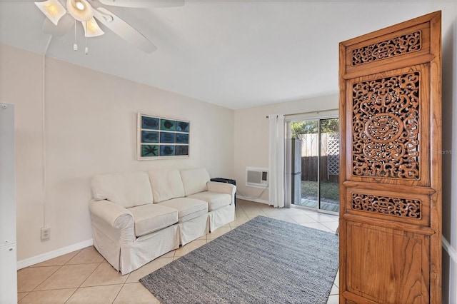 tiled living room with ceiling fan and a wall mounted AC