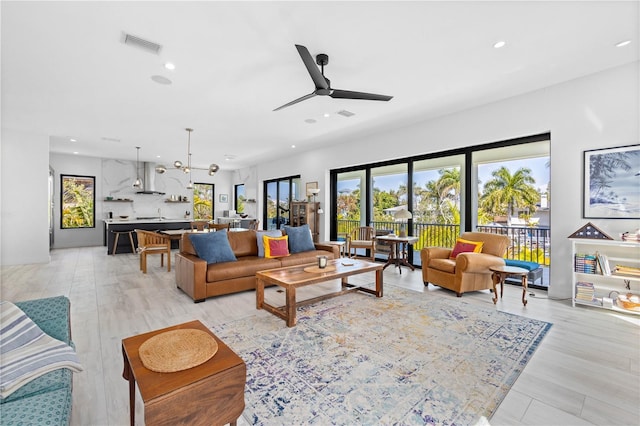 living room featuring ceiling fan