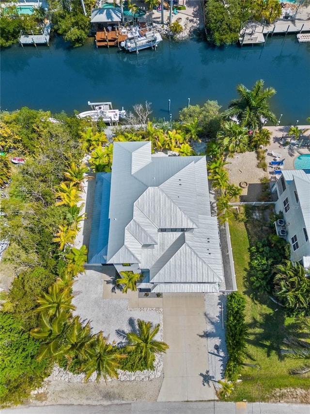 drone / aerial view with a water view