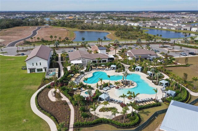 drone / aerial view featuring a water view