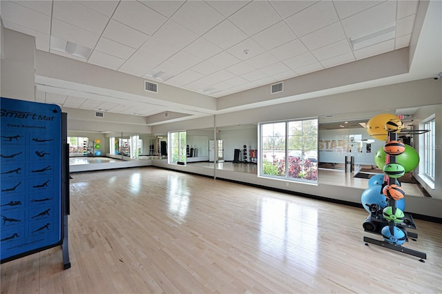 exercise room featuring plenty of natural light, a tray ceiling, and light hardwood / wood-style flooring