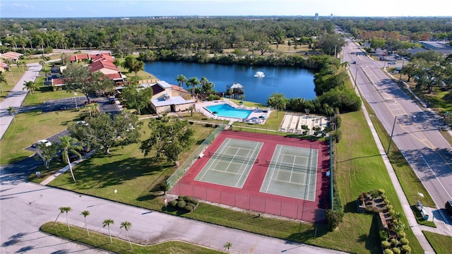 drone / aerial view featuring a water view