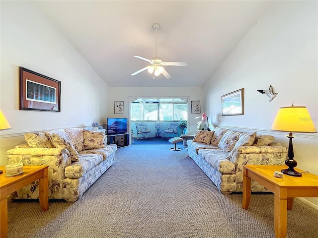 living room with high vaulted ceiling, ceiling fan, and carpet