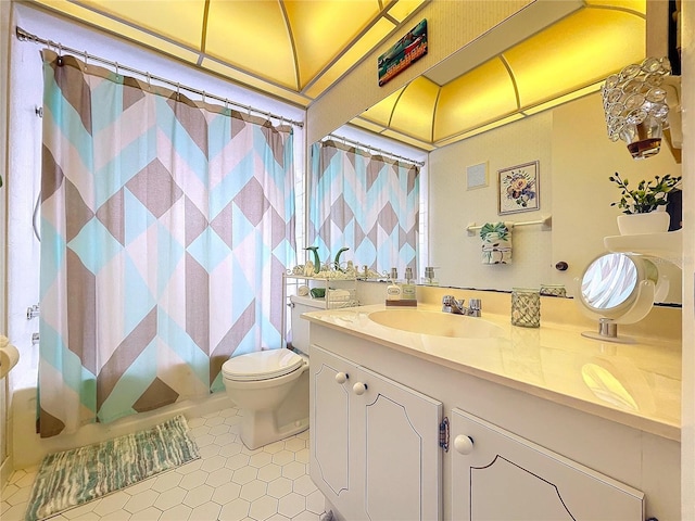 full bathroom featuring toilet, vanity, and shower / bathtub combination with curtain