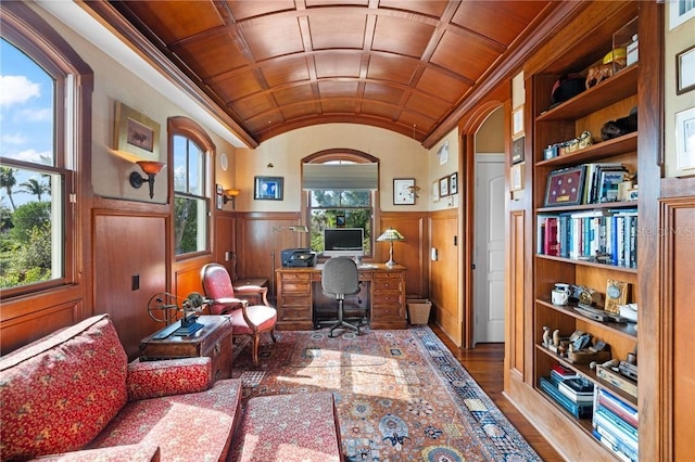 16475 Captiva Dr, Captiva, FL 33924 - office space featuring wainscoting, coffered ceiling, vaulted ceiling, wood finished floors, and crown molding