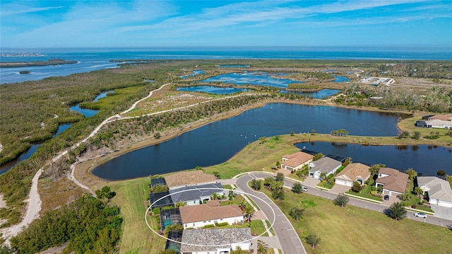 aerial view featuring a water view